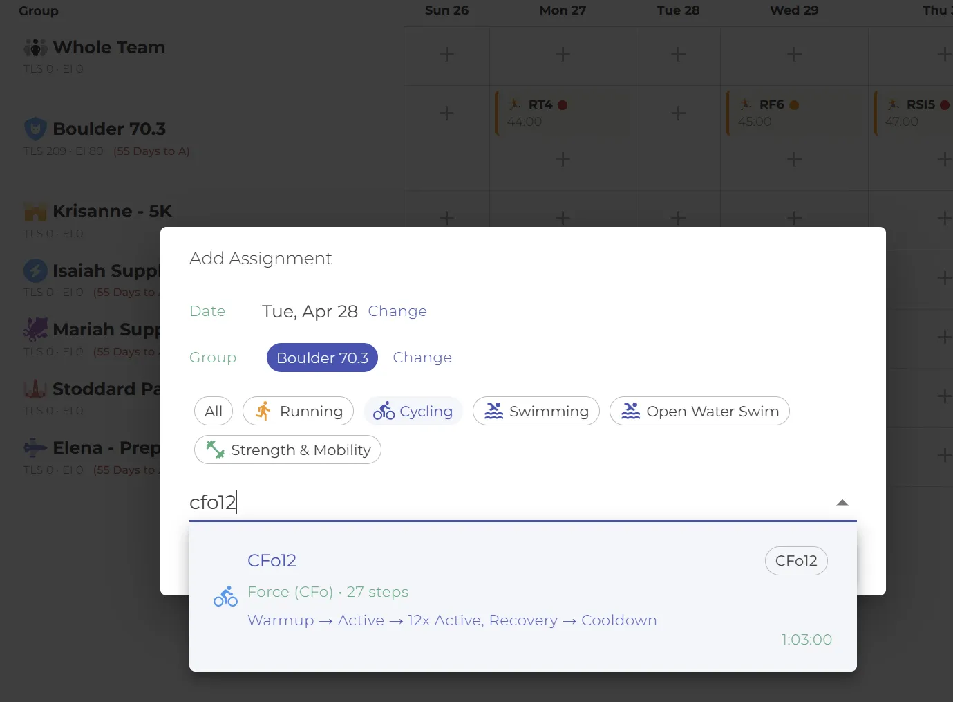 Add Assignment dialog for Tuesday April 28, Boulder 70.3 group, Cycling discipline, with CFo12 selected from a typeahead search showing category, step count, flow summary, and 1:03:00 duration.