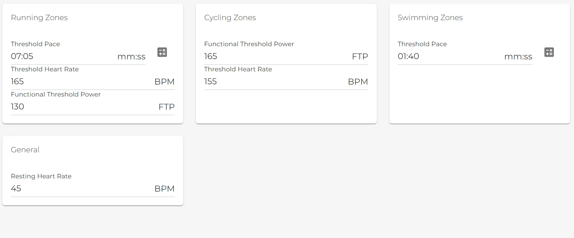 Athlete Benchmarks view showing Running Zones (Threshold Pace 07:05, Threshold HR 165 BPM, FTP 130), Cycling Zones (FTP 165, Threshold HR 155 BPM), Swimming Zones (Threshold Pace 01:40), and a General section with Resting HR 45 BPM.