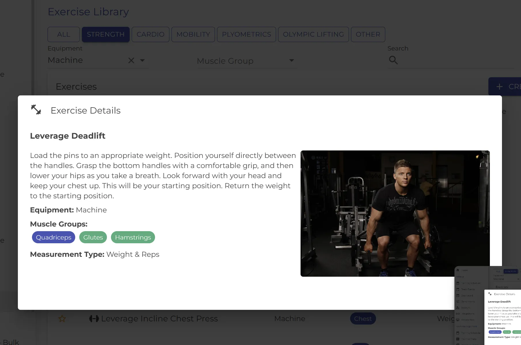 Exercise library browse view with an exercise detail modal showing description, equipment tag, muscle groups, measurement type, and a demo video.