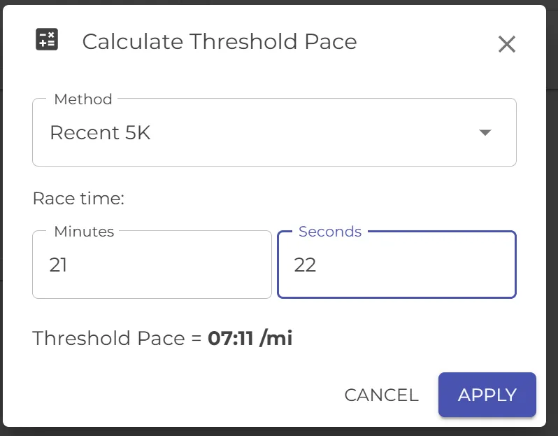 Calculate Threshold Pace dialog using the Recent 5K method with a 21:22 race time, producing a threshold pace of 07:11 per mile.