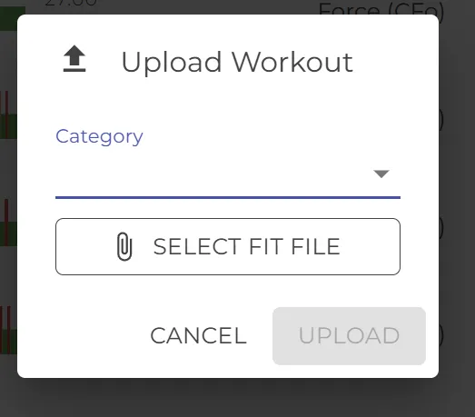 Upload Workout dialog with a Category dropdown and a Select FIT File button.