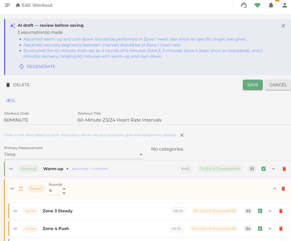 Endurance workout AI draft in the Smagpie editor: an 'AI draft — review before saving' banner lists three assumptions for a '60-Minute Z3/Z4 Heart Rate Intervals' session, above a Warm-up step at Zone 1 (72–81% threshold HR) flagged 'assumed — confirm' and a Repeat block of four rounds of Zone 3 Steady and Zone 4 Push.