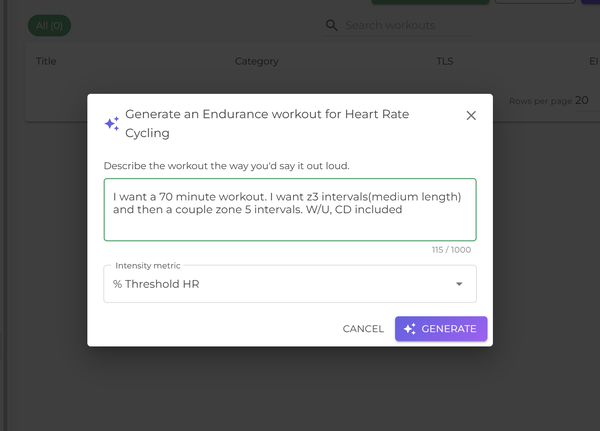 The Smagpie 'Generate an Endurance workout for Heart Rate Cycling' dialog: a plain-language box reading 'I want a 70 minute workout. I want z3 intervals (medium length) and then a couple zone 5 intervals. W/U, CD included', an optional intensity-metric dropdown set to % Threshold HR, and a Generate button.