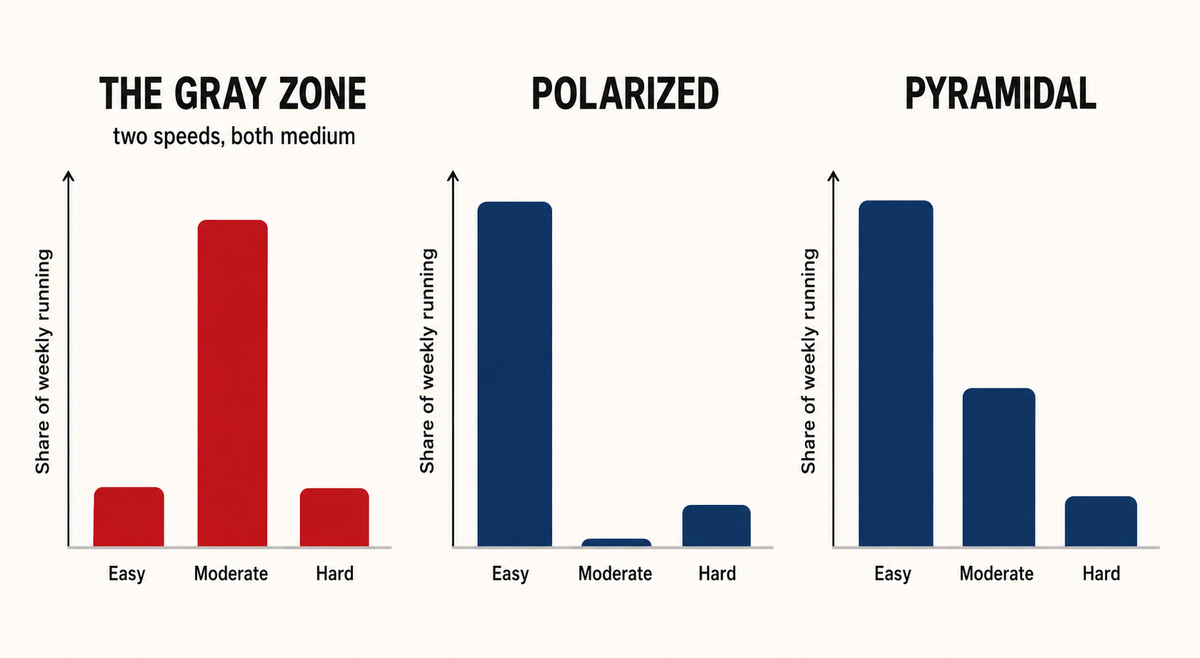 A simple diagram comparing three training shapes across an easy-to-hard intensity axis: 'gray zone' with most running bunched in the moderate middle; 'polarized' with most running easy, a clear block of hard, and little in the middle; and 'pyramidal' with lots of easy, some threshold, and a little hard.