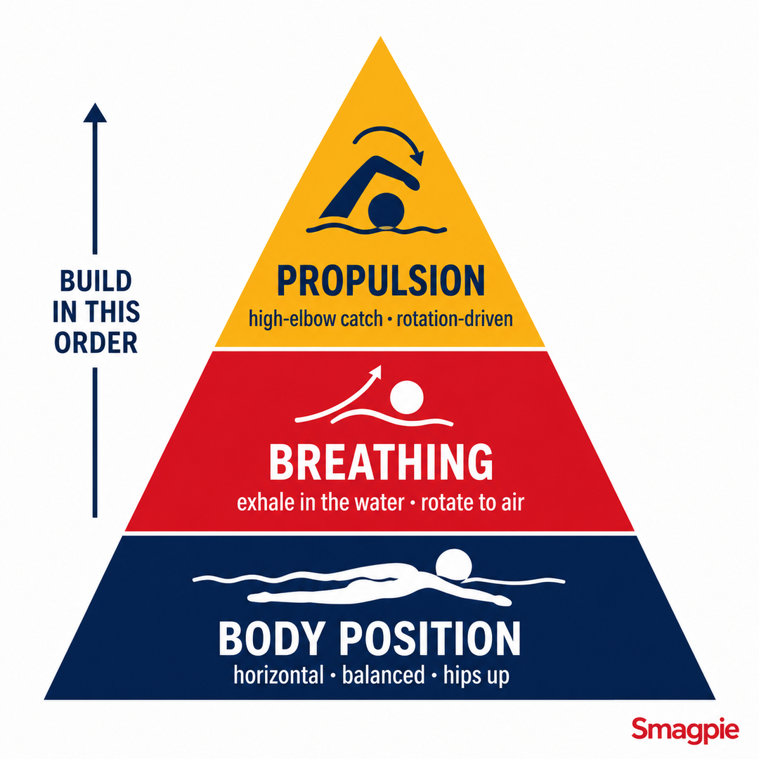 Pyramid infographic showing the freestyle foundation order from bottom to top: Body Position, then Breathing, then Propulsion