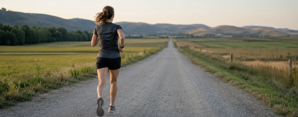 A lone runner on an open road at dusk, viewed from behind, the road stretching far ahead.
