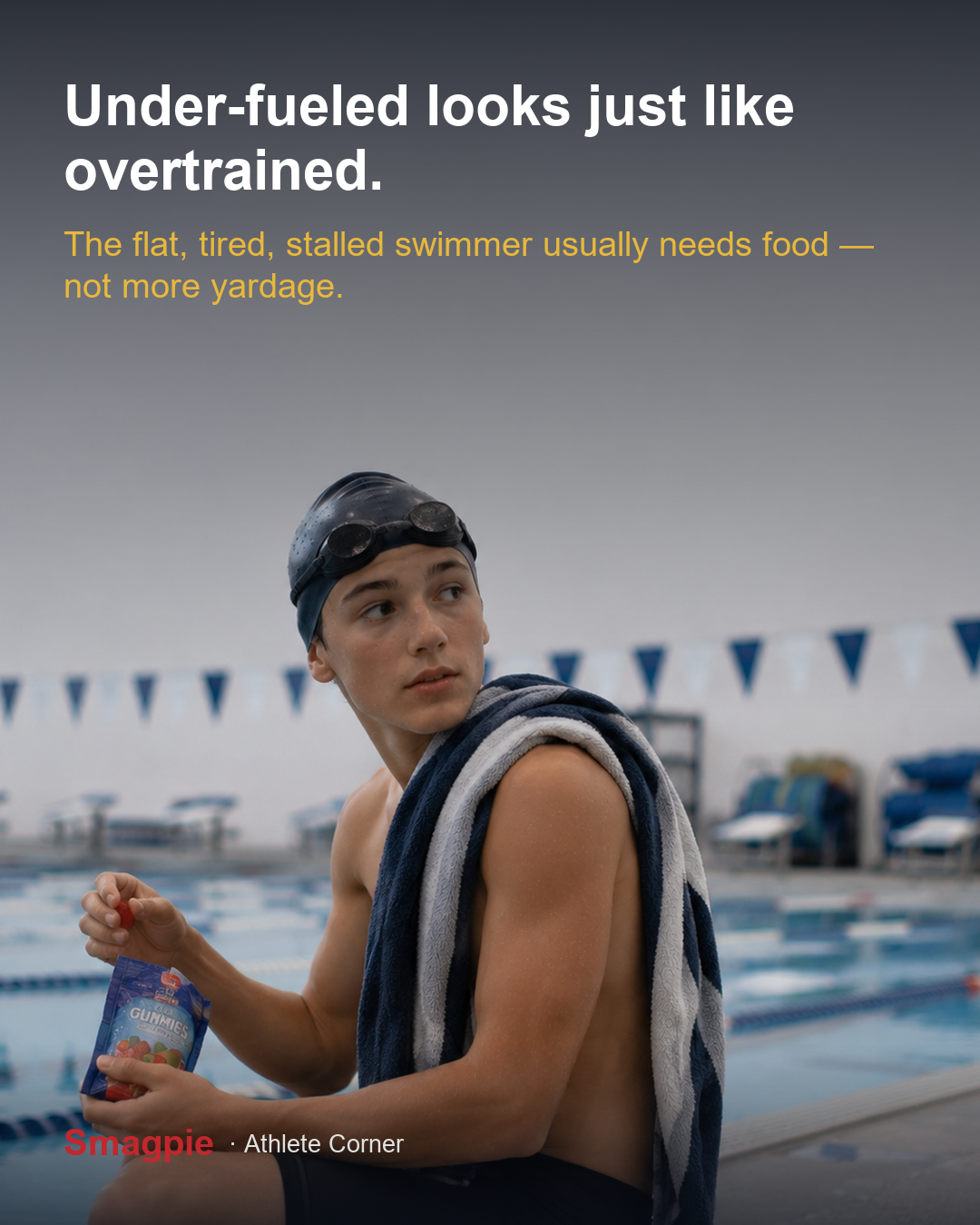 Share card reading: Under-fueled looks just like overtrained. The flat, tired, stalled swimmer usually needs food, not more yardage.